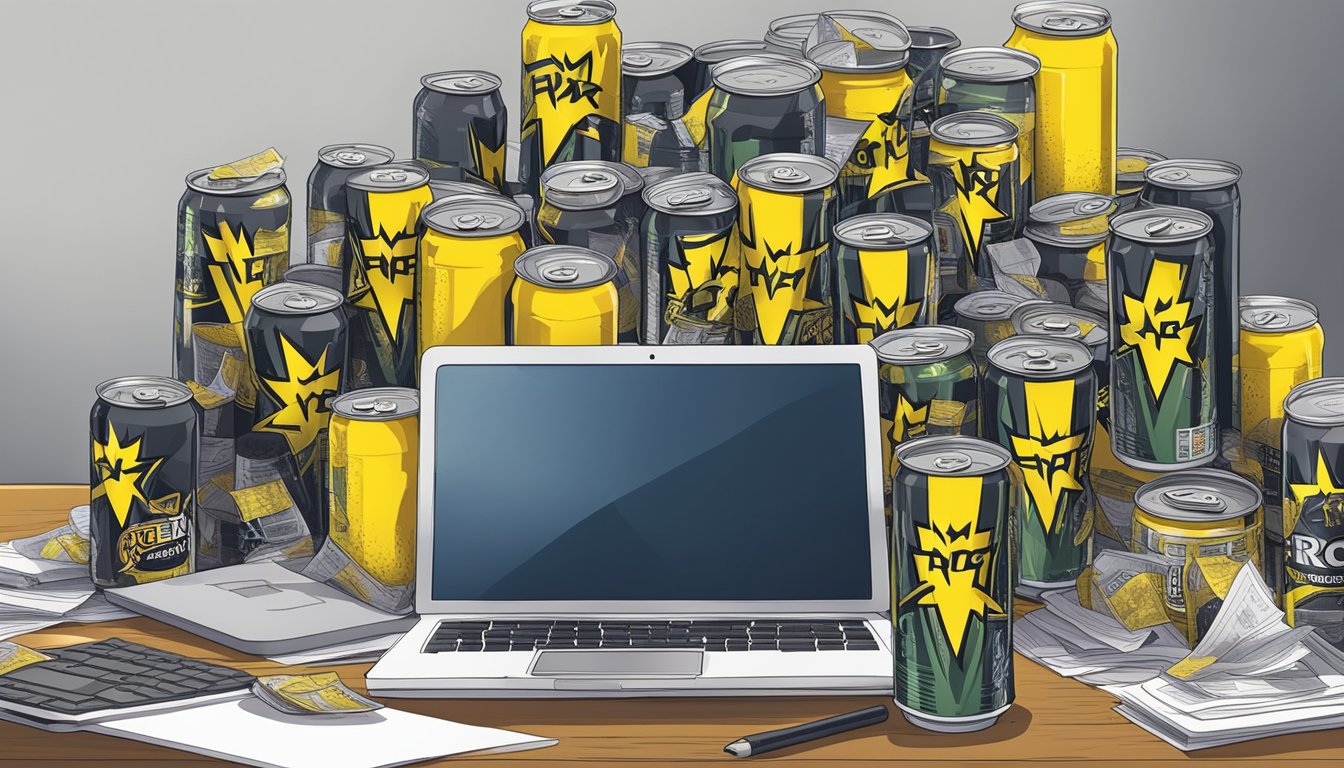 A cluttered desk with empty and full cans of Rockstar energy drink, scattered around a laptop and papers