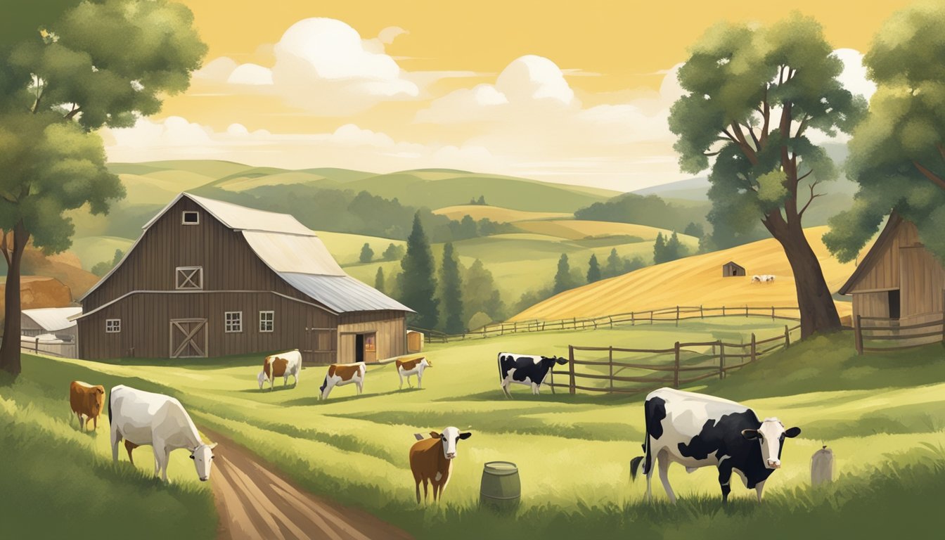 A rustic barn nestled in rolling hills, surrounded by grazing cows and goats. A small, bustling creamery with workers crafting and aging various artisan cheeses