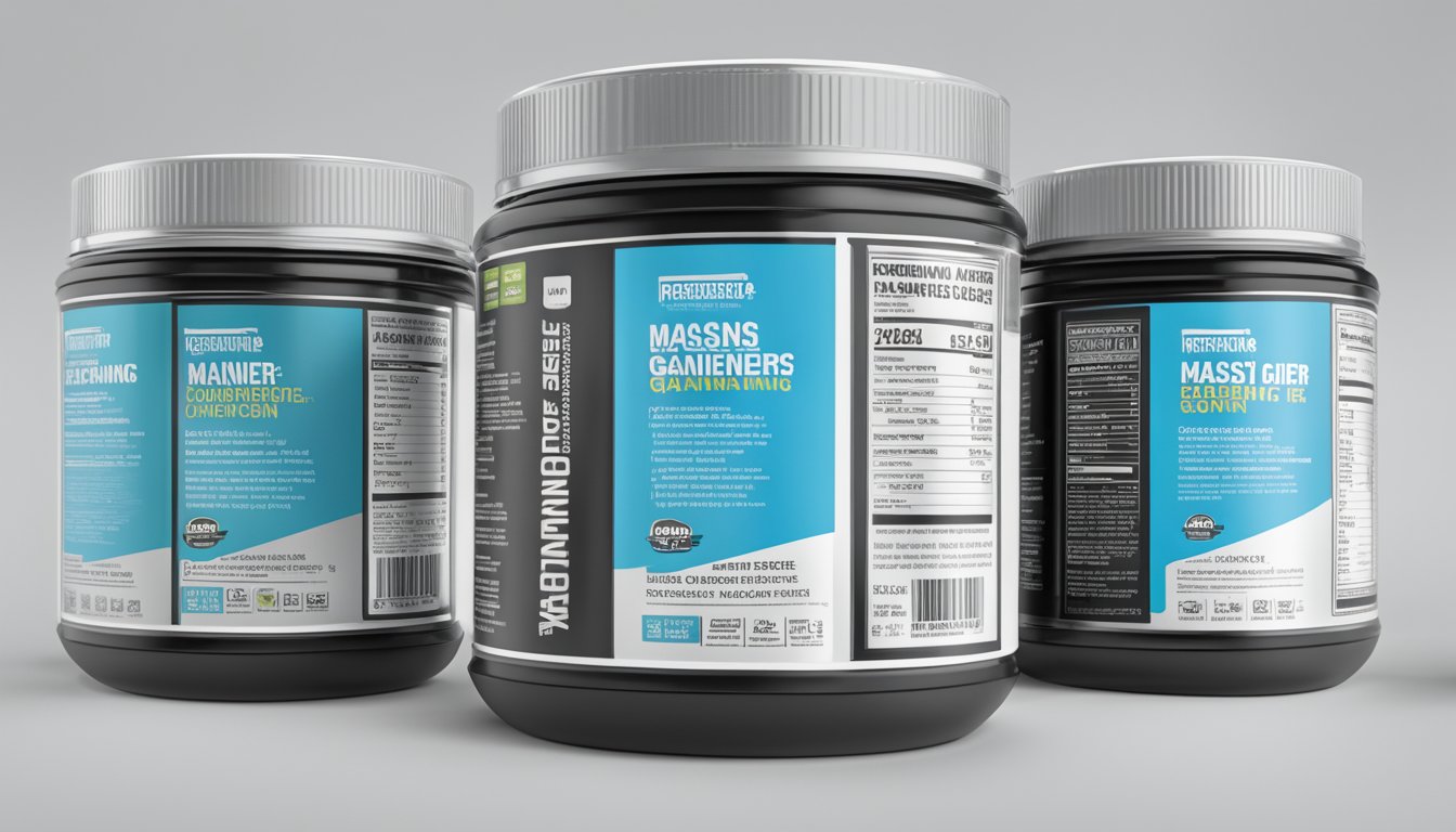 A towering stack of transparent labs mass gainer containers, with a label indicating "recommended serving size" and a warning about overconsumption