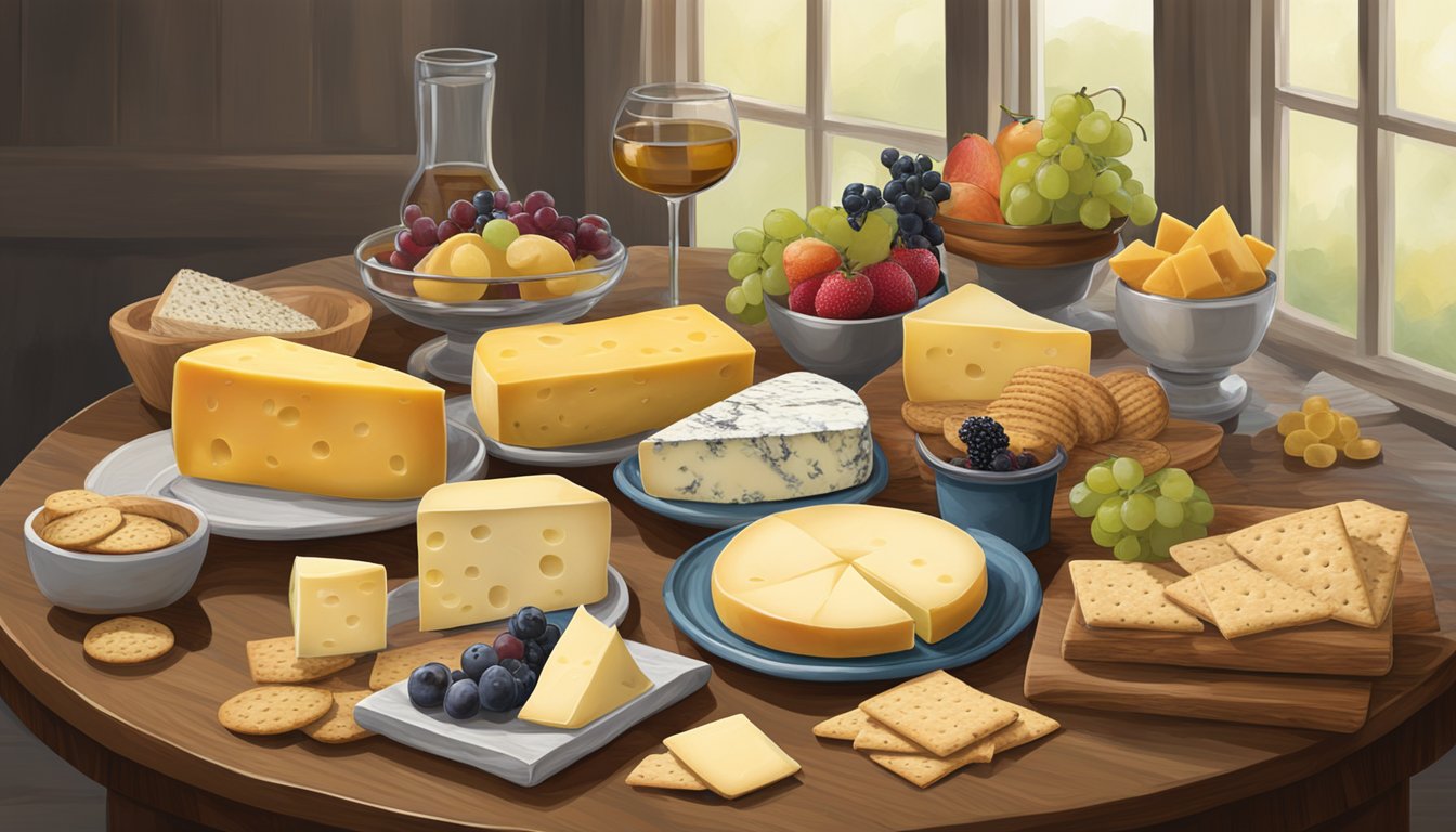 A rustic wooden table displays an assortment of Maryland artisan cheeses, accompanied by fresh fruits and a variety of crackers