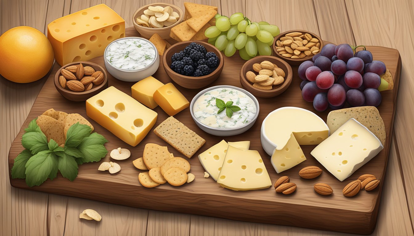 A rustic wooden board displays an assortment of California local artisan cheeses, accompanied by fresh fruits, nuts, and a variety of crackers