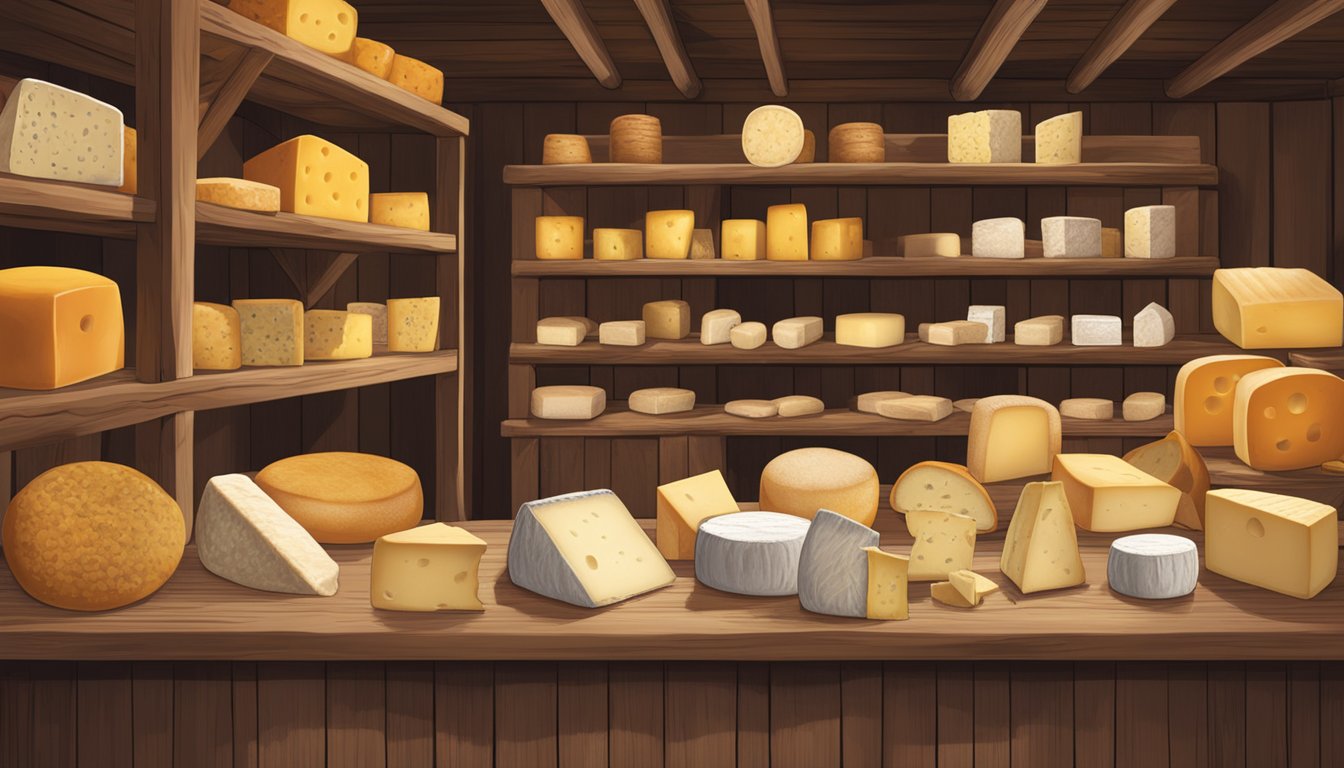 A rustic Indiana barn with shelves of aging artisan cheeses and a wooden table displaying various locally made cheese products