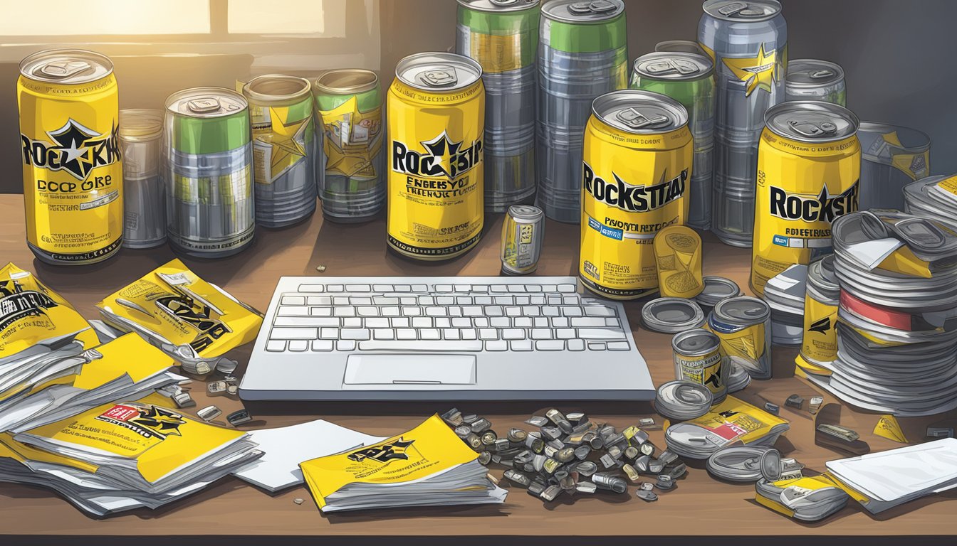 A cluttered desk with multiple empty and half-empty cans of Rockstar energy drink scattered around, alongside a pile of guidelines and recommendations on daily consumption