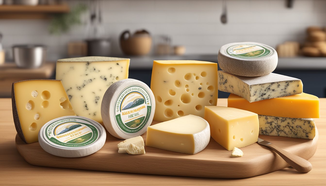 A display of various local artisan cheeses from California, arranged on a wooden board with accompanying educational materials and information about the cheese-making process