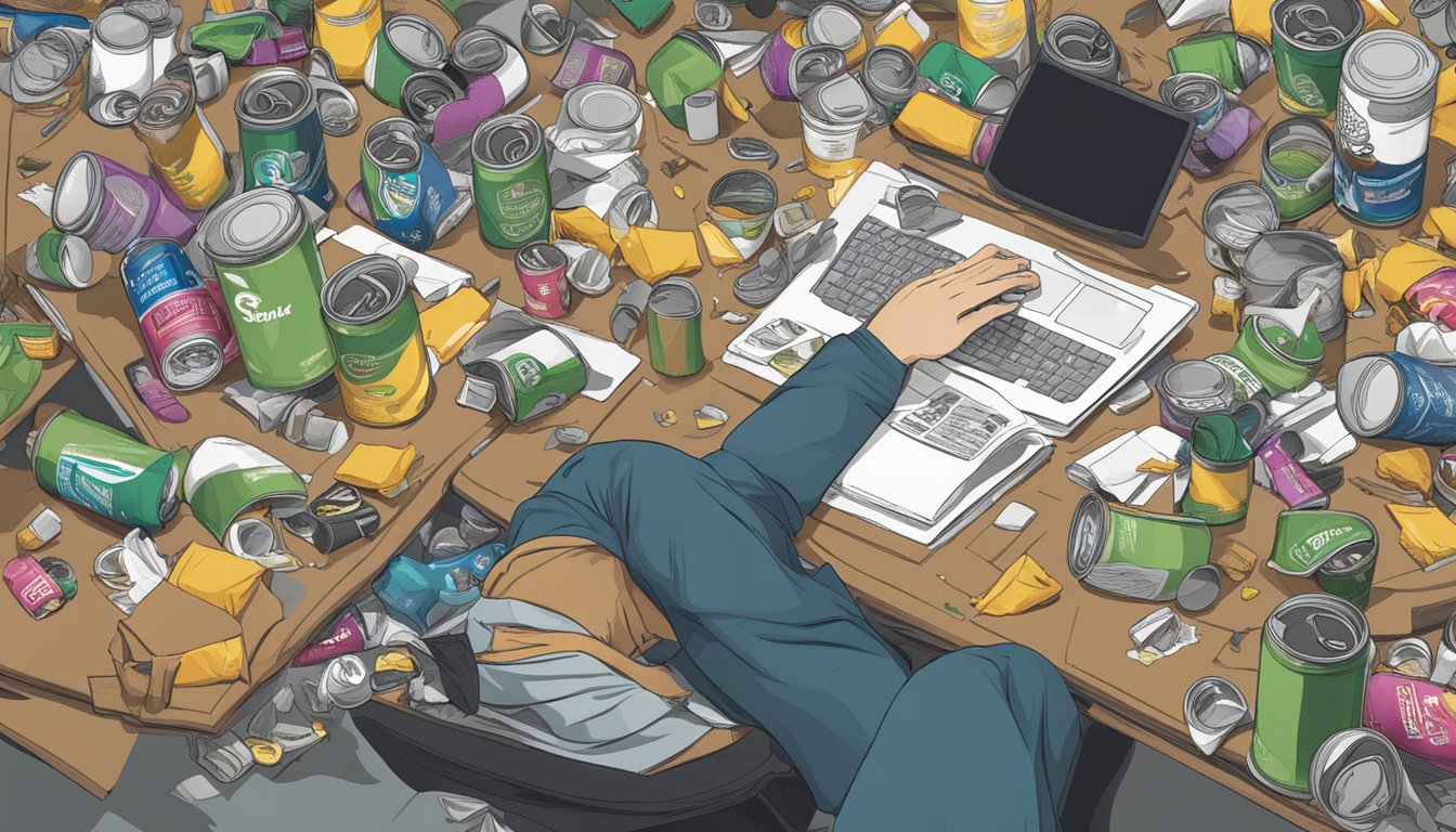 A cluttered desk with empty Rockstar cans, overflowing trash, and a person slumped over in exhaustion