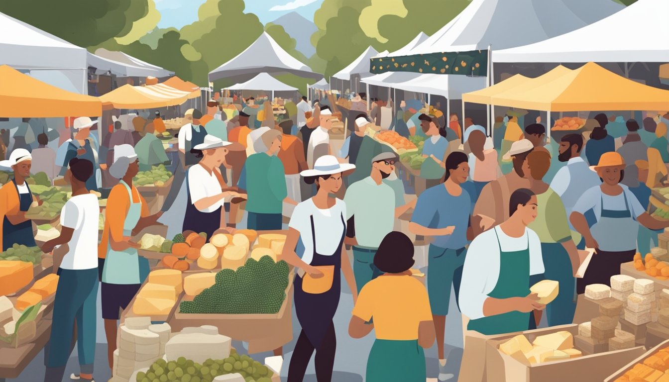 A bustling farmers market with a variety of artisan cheeses on display, surrounded by enthusiastic customers and vendors exchanging goods