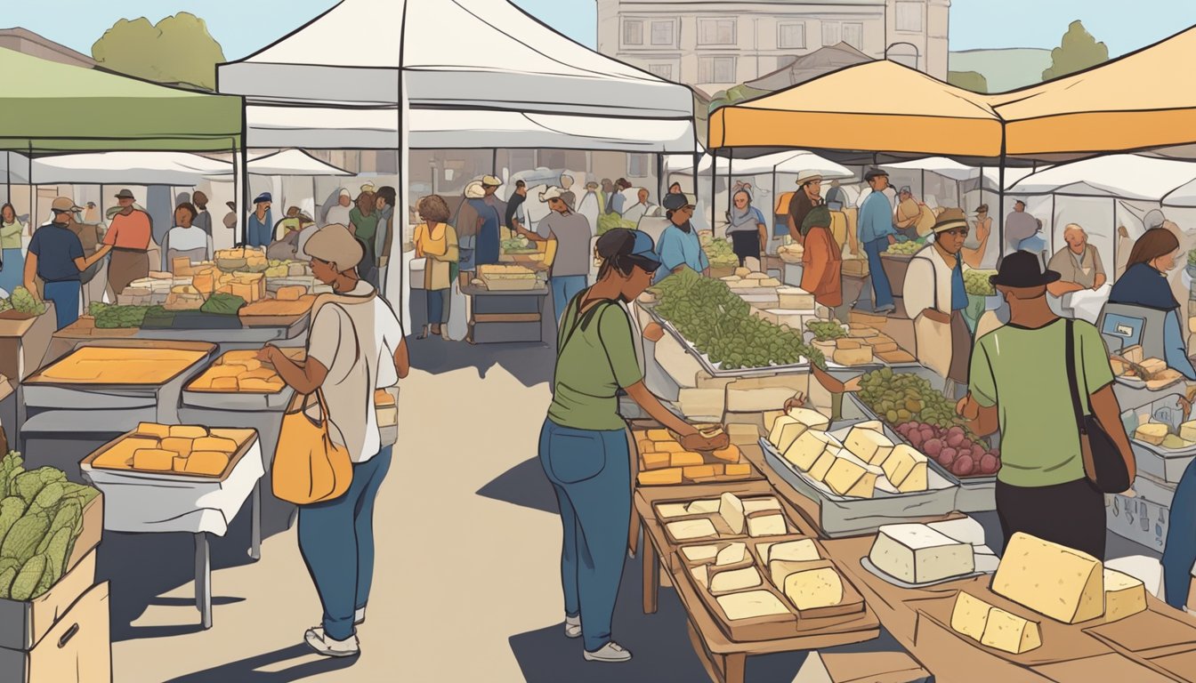 A bustling farmers market with vendors selling local artisan cheeses in California. Tables are filled with various types of cheese and customers are sampling and purchasing their favorites