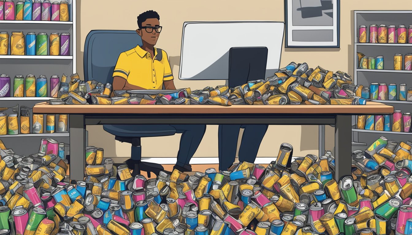 A cluttered desk with multiple empty Rockstar energy drink cans scattered around, a trash can overflowing with more cans, and a person looking fatigued