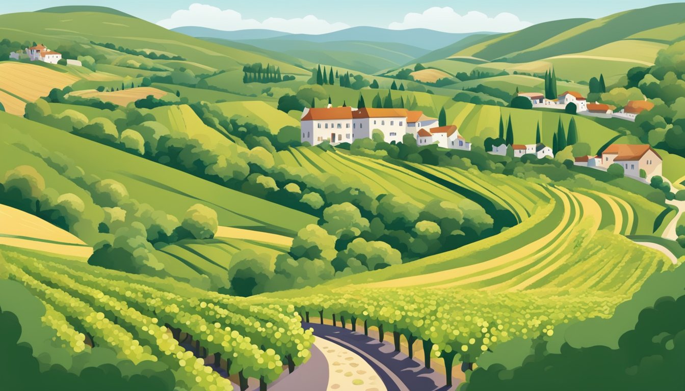 A winding trail through rolling hills, lined with vibrant green vineyards and dotted with quaint cheese shops showcasing local artisan cheeses