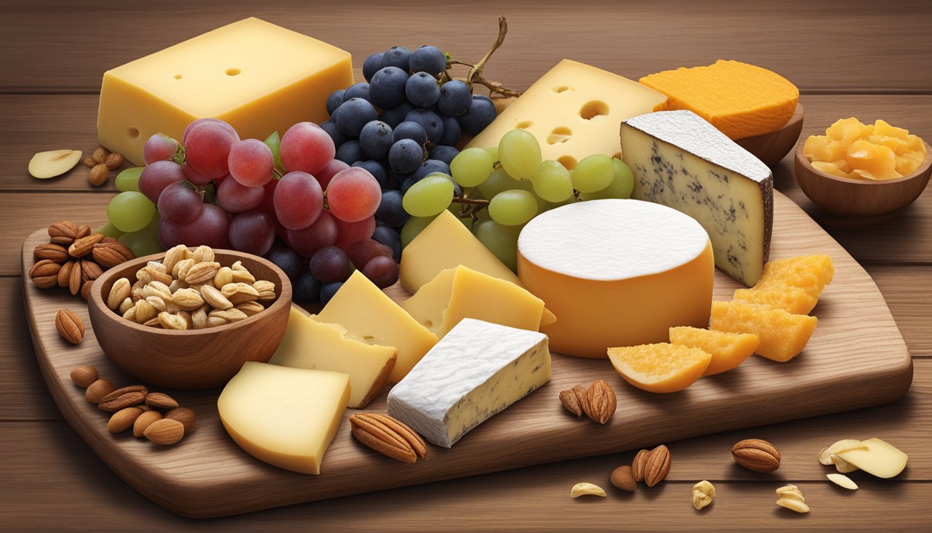 A rustic wooden board displays a variety of Maryland artisan cheeses, accompanied by fresh fruits, nuts, and honeycomb