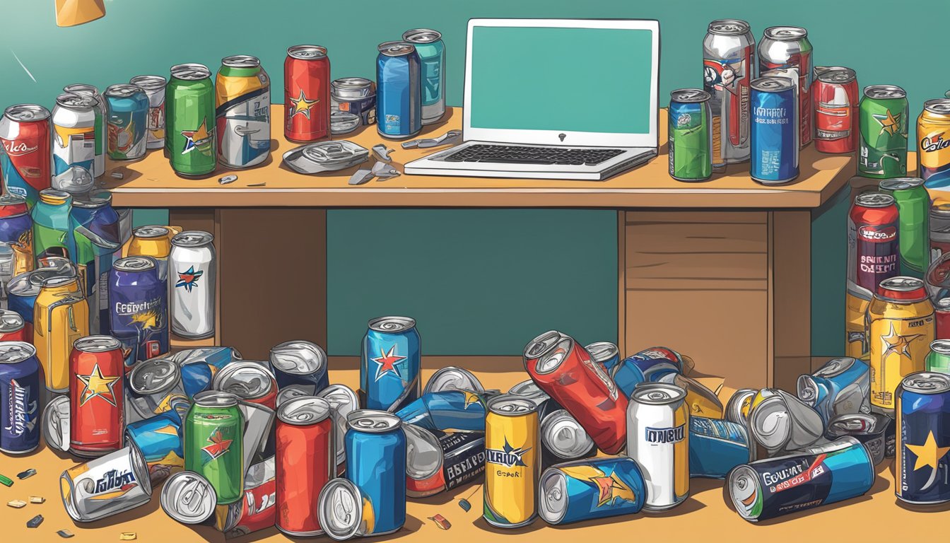 A cluttered desk with empty Rockstar cans piled high, surrounded by scattered energy drink bottles and a sense of exhaustion