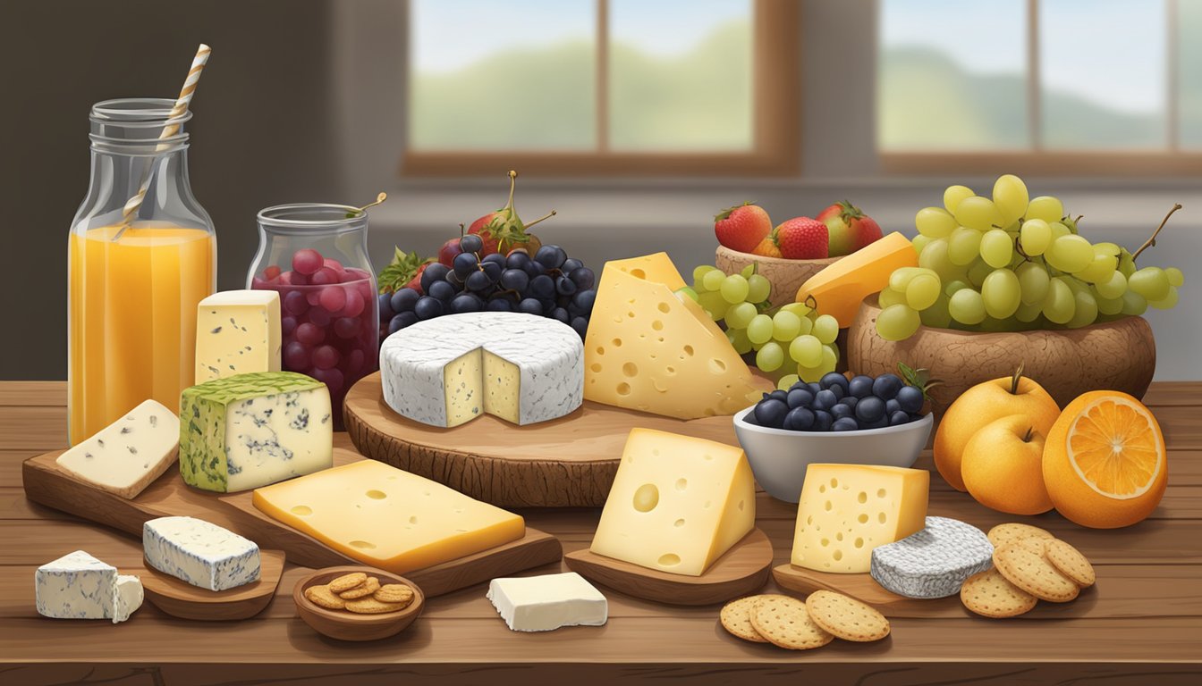 A rustic wooden table adorned with a variety of Maryland local artisan cheeses, accompanied by fresh fruits and a selection of crackers