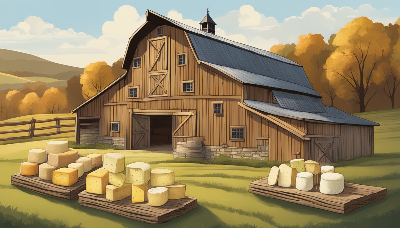 A rustic barn nestled in rolling hills, showcasing a variety of hand-crafted cheeses on wooden shelves, with the Indiana Artisan Cheesemakers logo proudly displayed