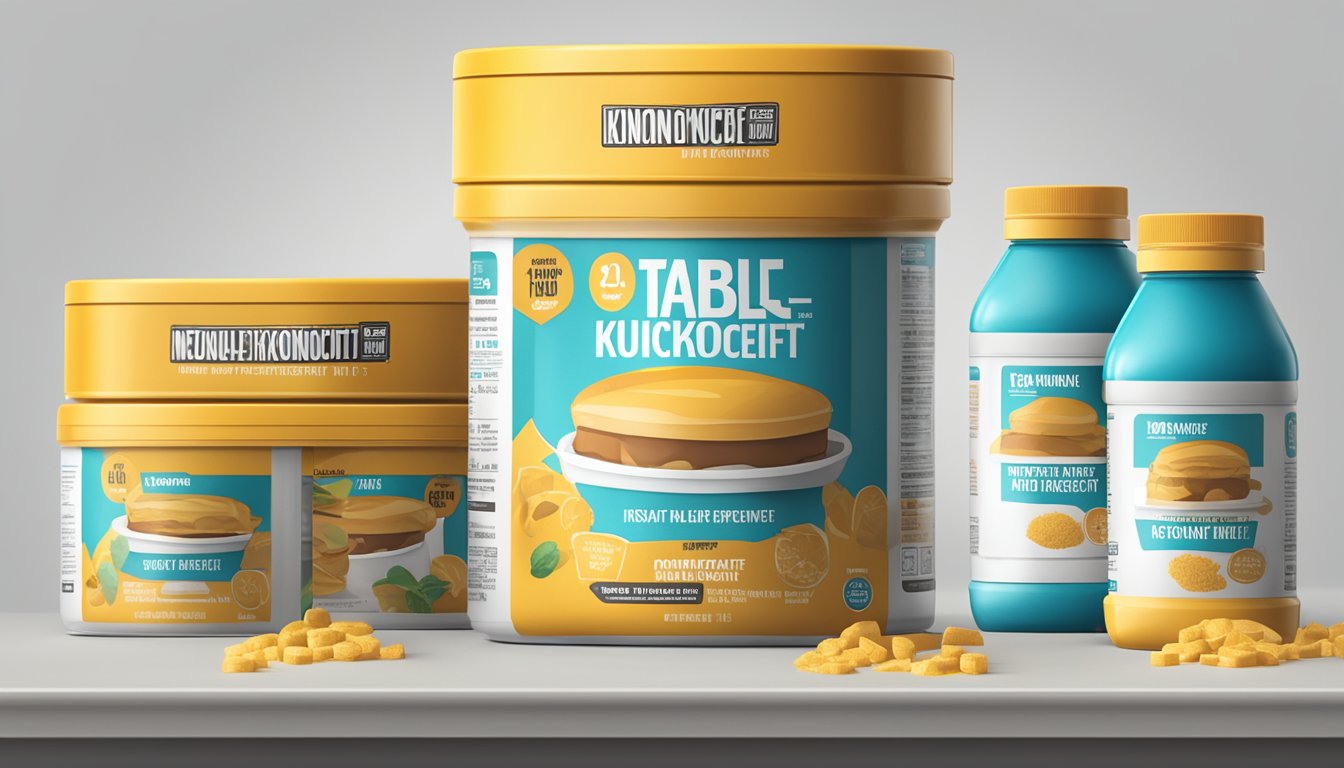 A table with multiple servings of Instant Knockout Complete meal replacement stacked on top of each other, with a warning sign next to it