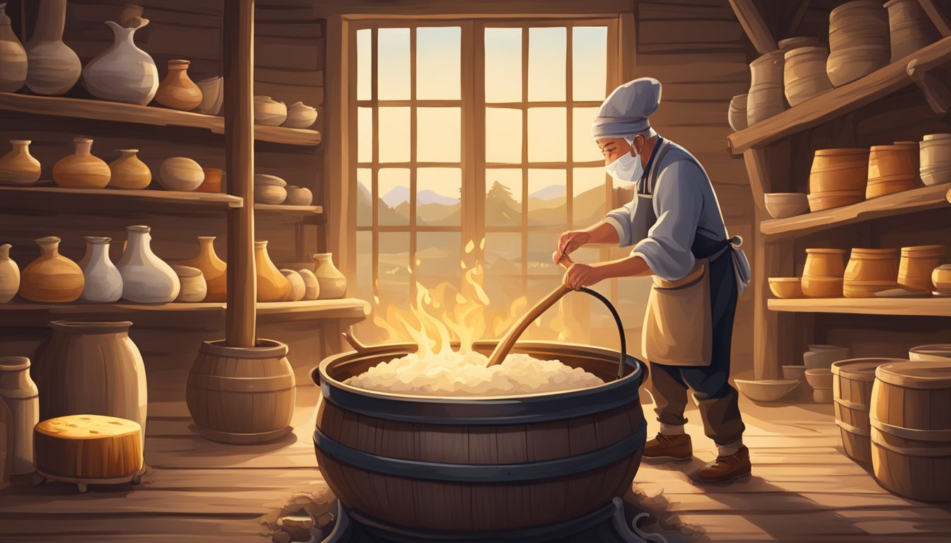 A local artisan carefully stirs a large cauldron of milk over a roaring fire, while nearby wheels of cheese age on wooden shelves