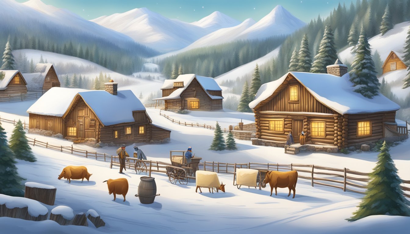 A snowy landscape with a cozy log cabin and a small dairy farm, where local artisans are seen crafting wheels of cheese