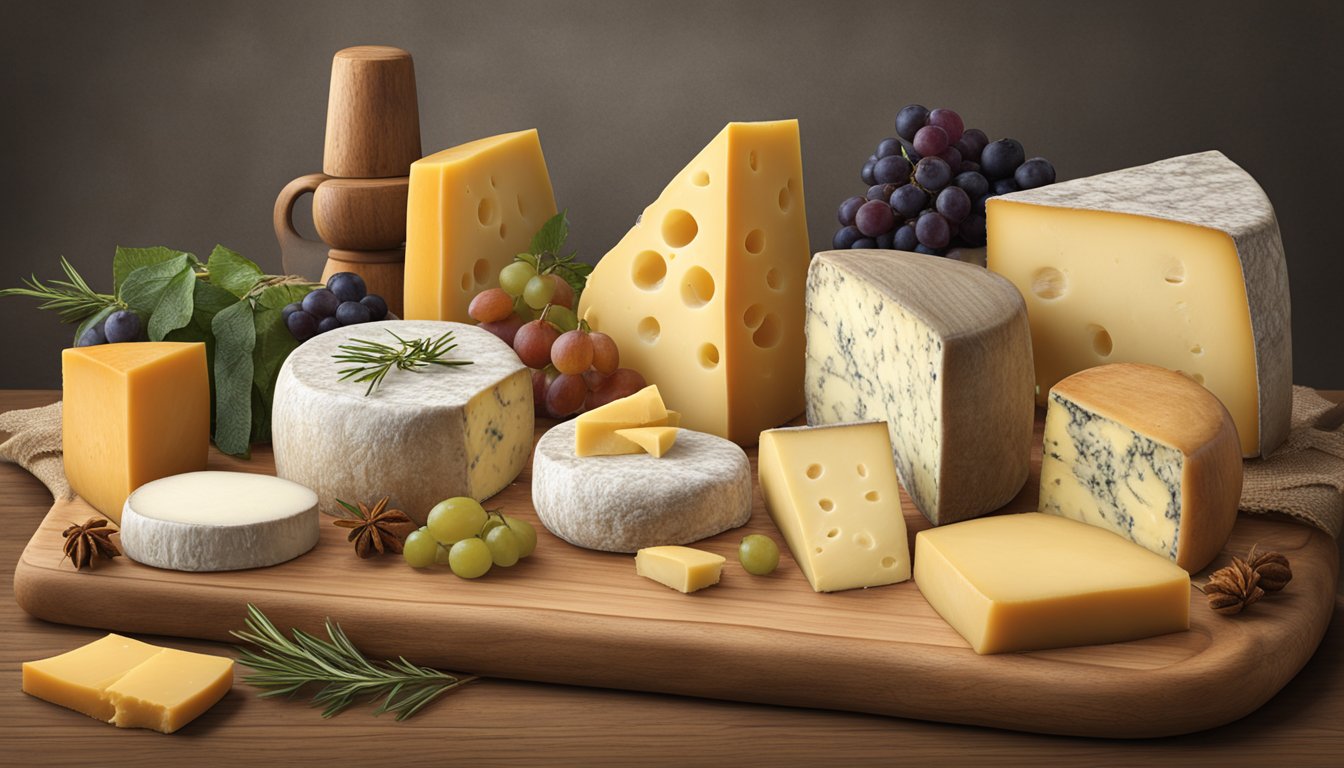 A rustic wooden board displays a variety of seasonal and special occasion cheeses, sourced from local Maryland artisan cheese makers