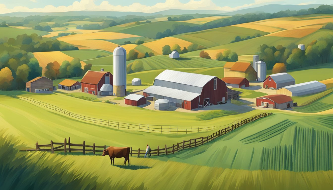 A picturesque Indiana farm with rolling hills, grazing cows, and a quaint cheese production facility nestled among the fields