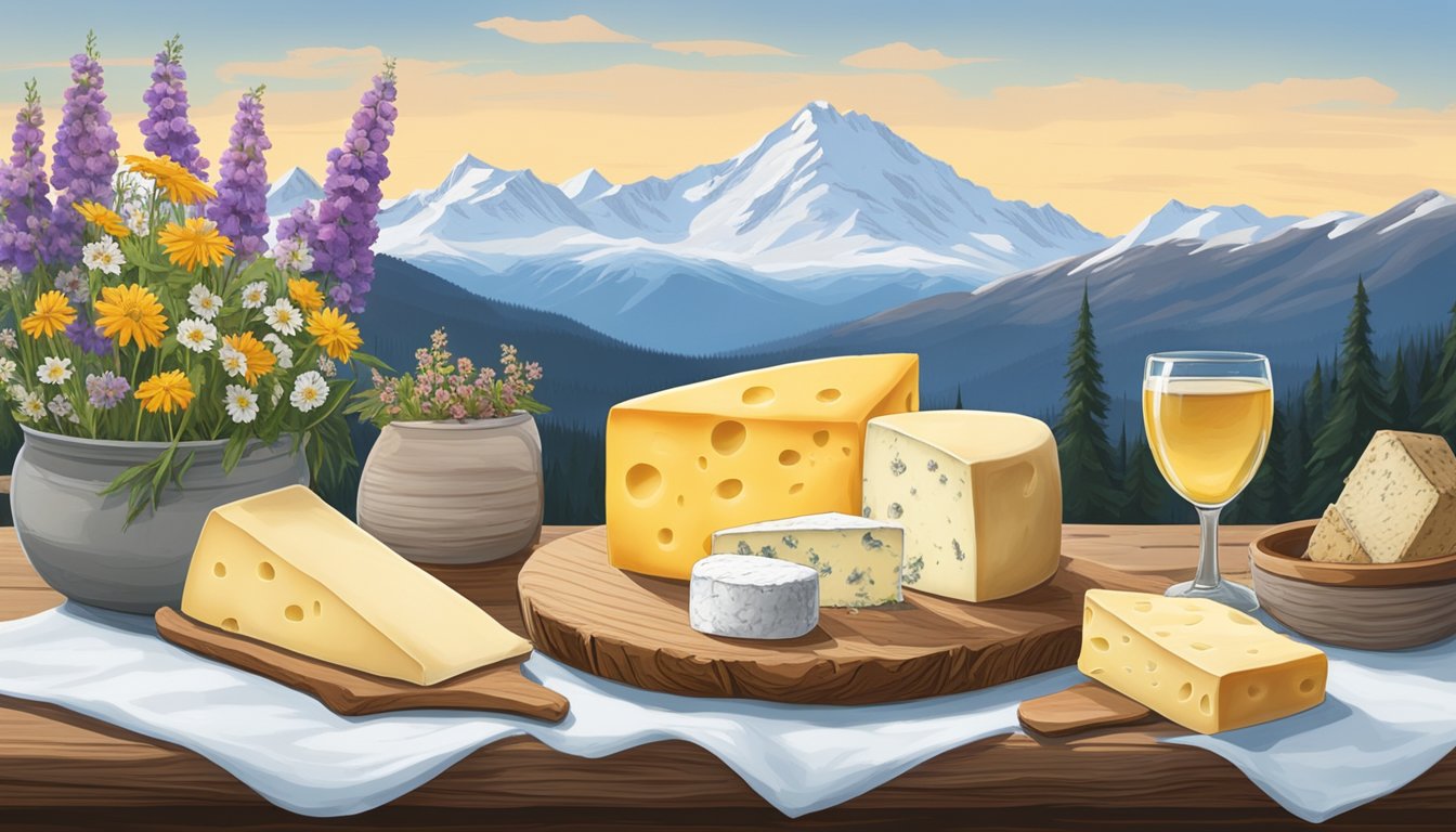 A rustic wooden table displays an array of Alaskan artisan cheeses, surrounded by sprigs of wildflowers and a backdrop of snow-capped mountains