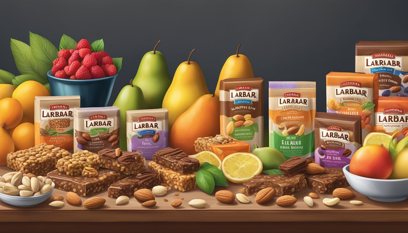 A table with various flavors of Larabar fruit and nut bars, surrounded by fresh fruits and nuts