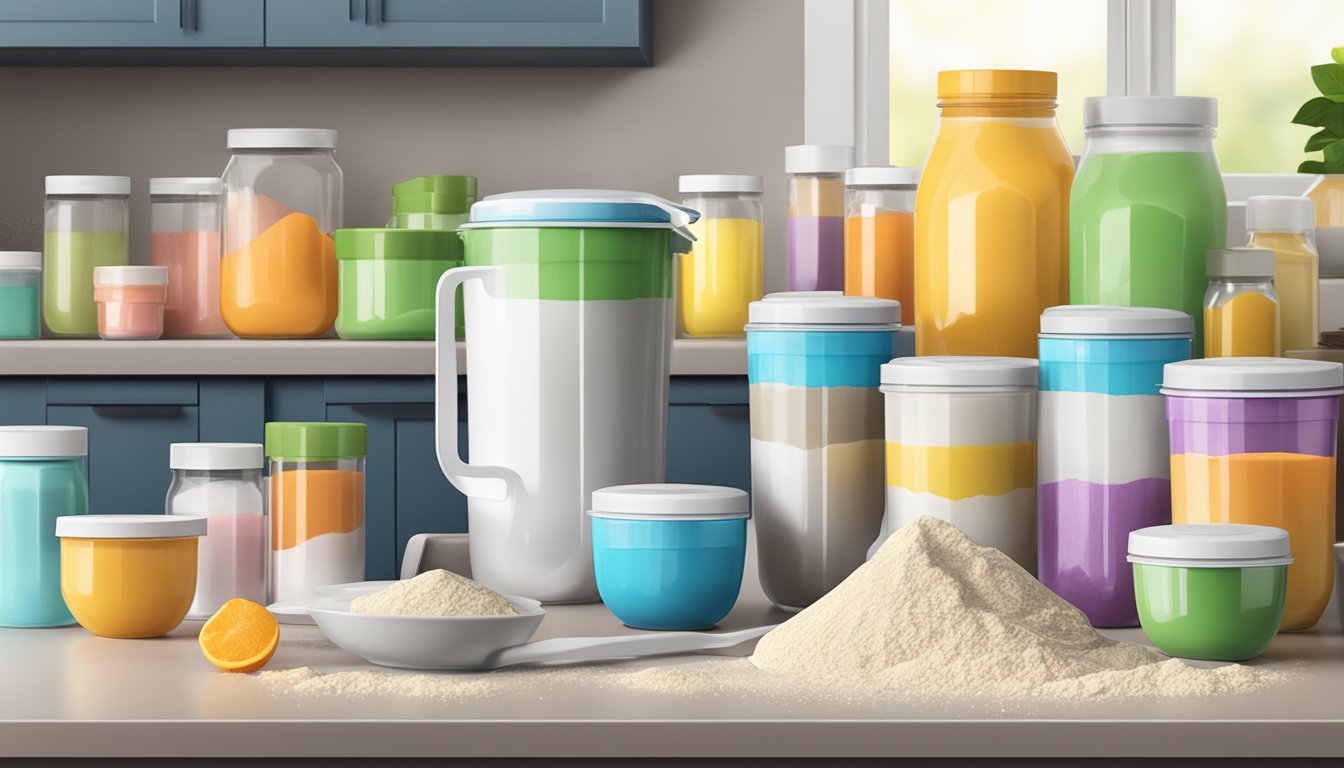 A kitchen counter with multiple empty and open containers of Instant Knockout Complete Meal Replacement, surrounded by scattered measuring scoops and spilled powder