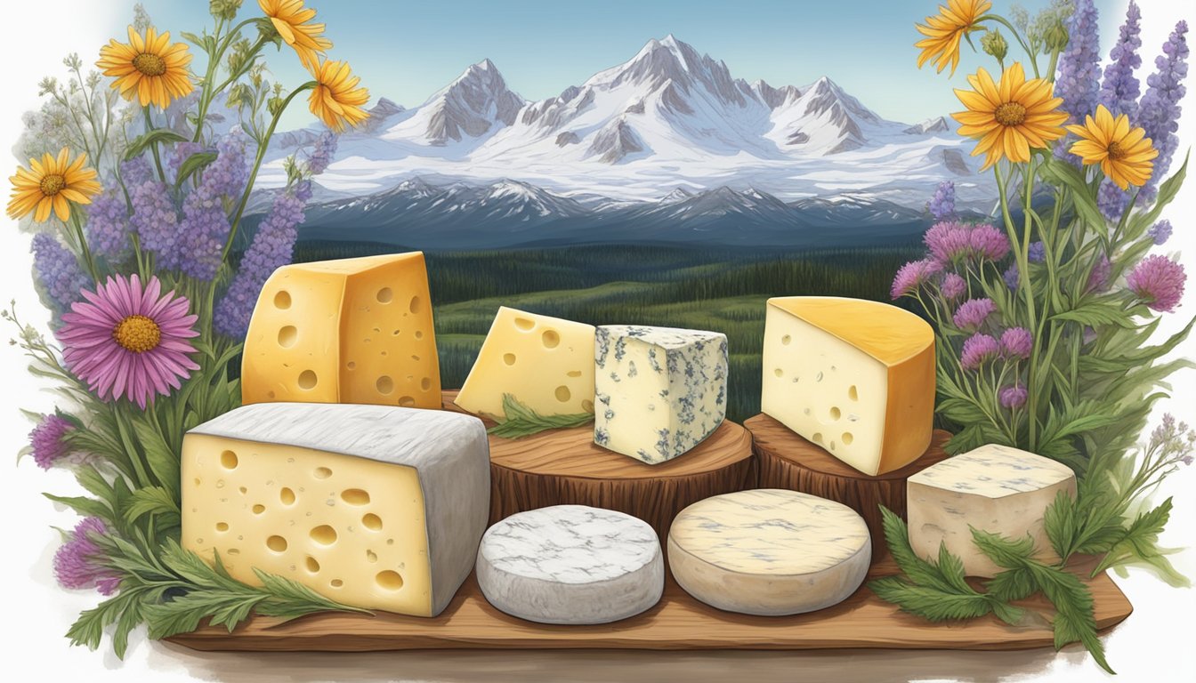 A rustic wooden table displays a variety of locally made Alaskan artisan cheeses, surrounded by sprigs of wildflowers and a backdrop of snowy mountains