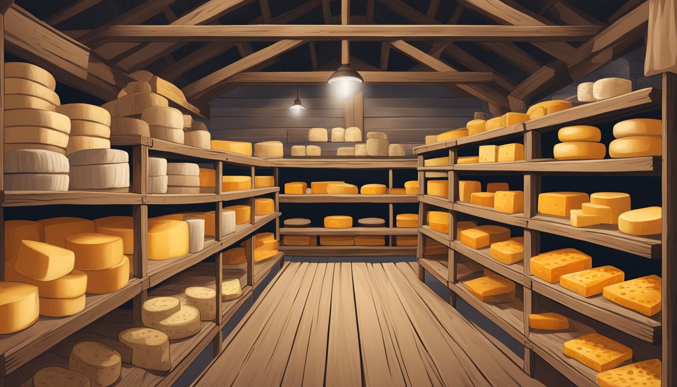 A rustic barn with shelves of aged cheese, surrounded by signs indicating compliance with health and safety regulations