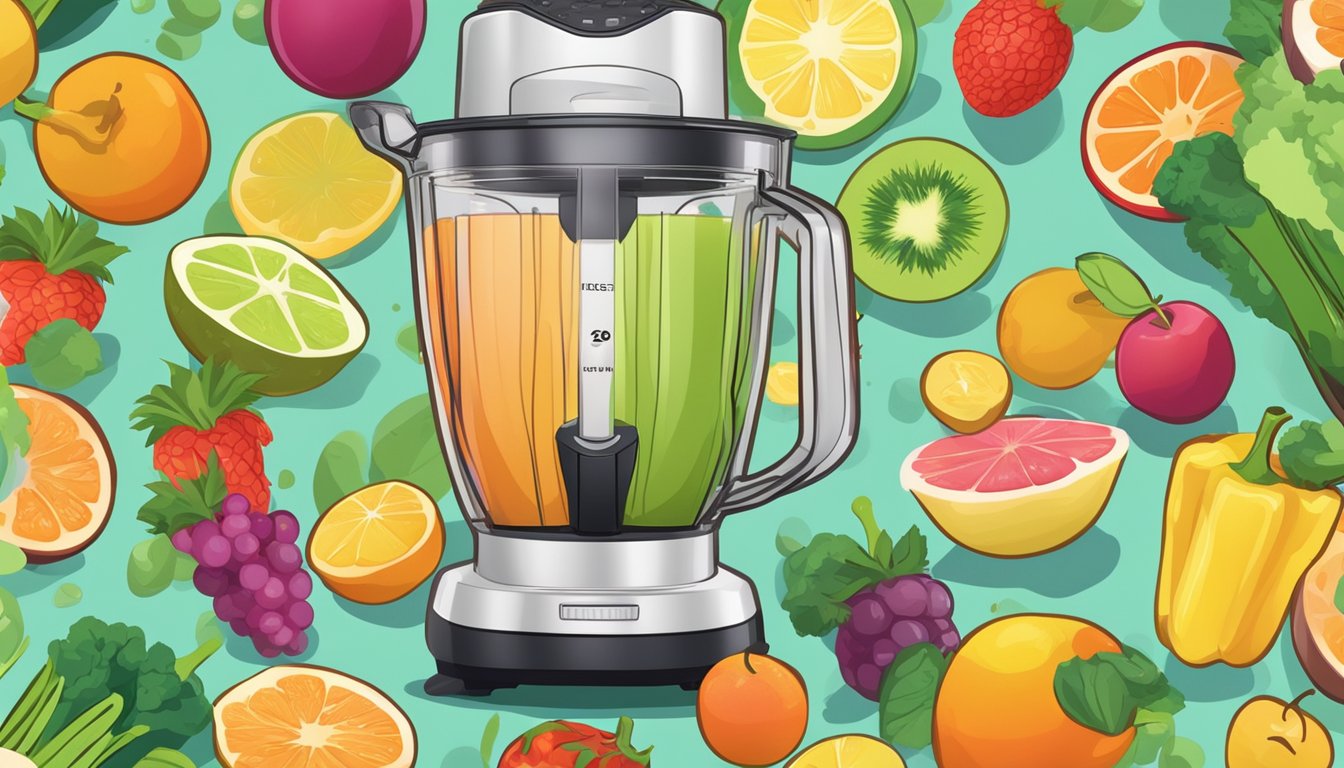 A blender filled with Instant Knockout Complete surrounded by various fruits and vegetables, with a scoop overflowing with powder