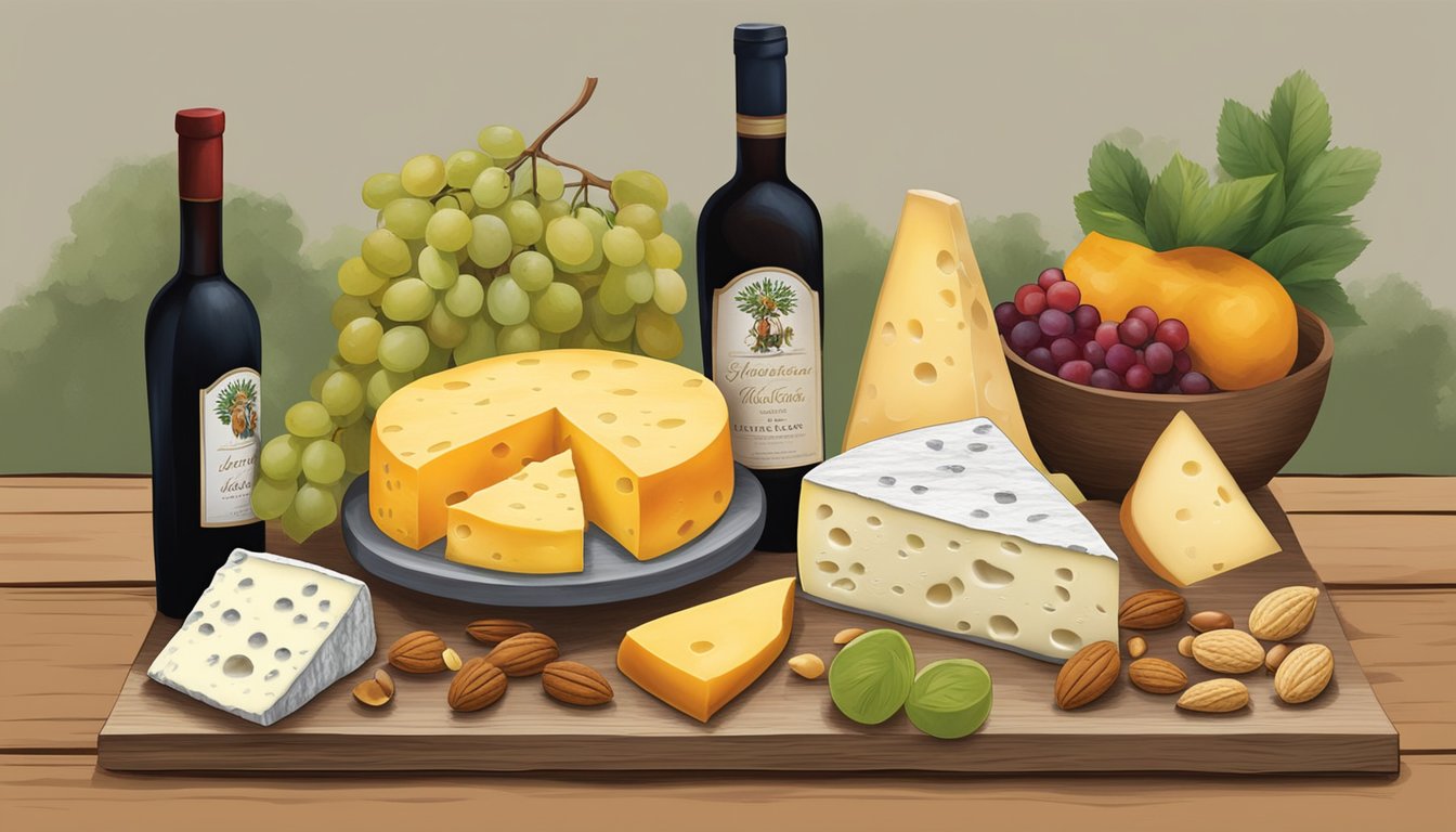 A rustic wooden table displays a variety of Indiana artisan cheeses, accompanied by fresh fruits, nuts, and a bottle of local wine