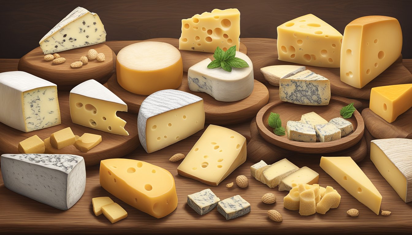 A rustic wooden table displays an array of local artisan cheeses from Alaska, each with its own unique shape, color, and texture