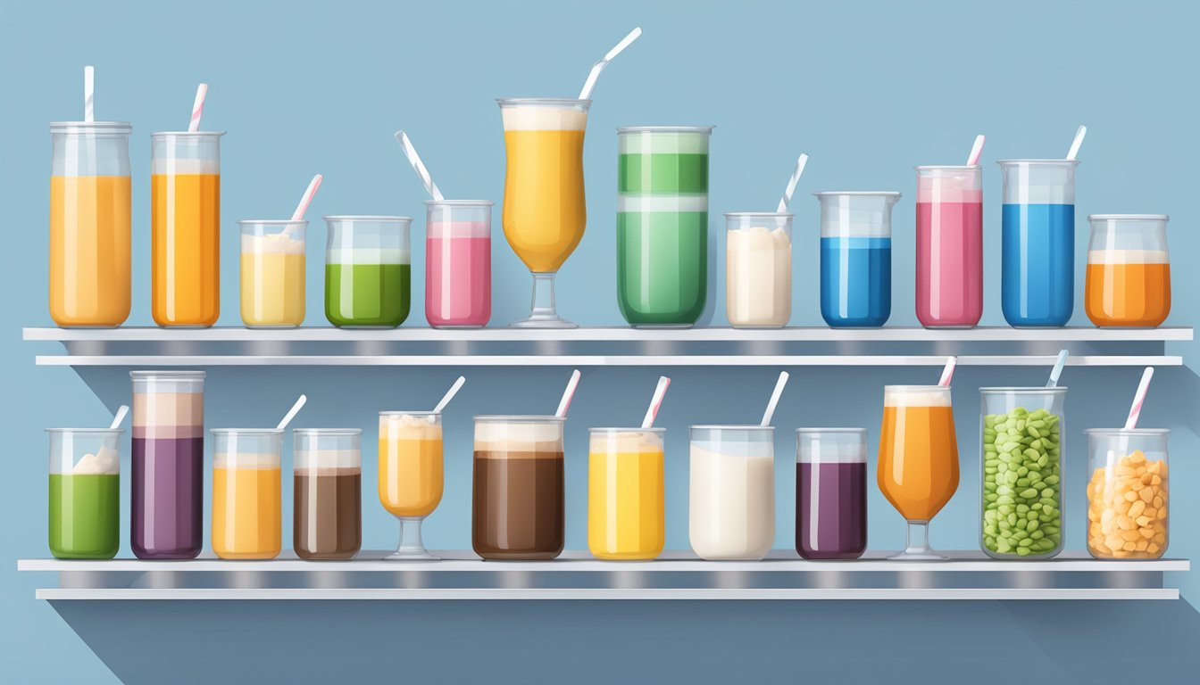 A table with various flavors of Nutricost meal replacement shake stacked in neat rows, surrounded by empty glasses and measuring scoops