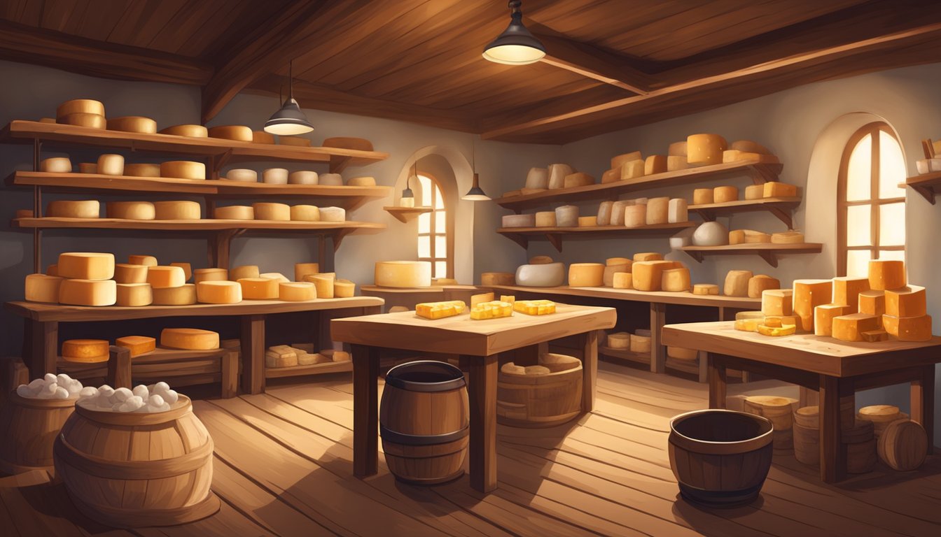 A rustic cheese-making workshop with wooden tables, shelves of aging cheese, and a copper vat bubbling with fresh milk