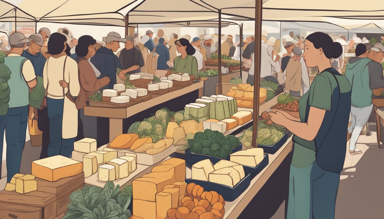 A bustling farmers' market with a variety of artisan cheeses on display, surrounded by eager customers sampling and purchasing the local goods