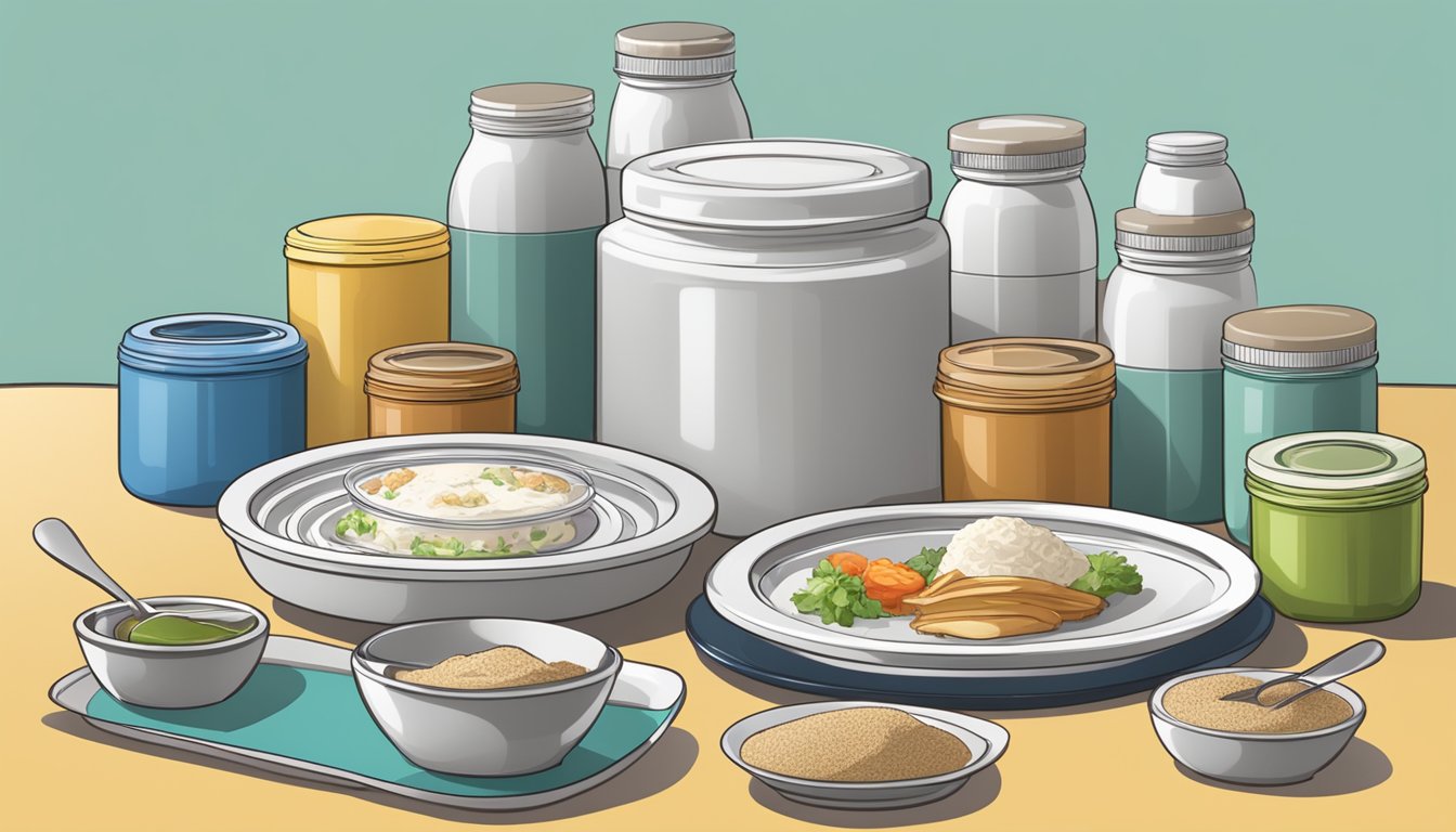 A table with multiple containers of instant knockout complete meal replacement, surrounded by empty plates and utensils