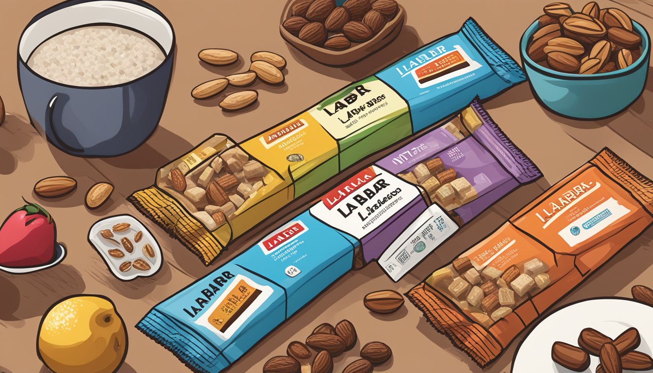 A table with a variety of Larabar fruit and nut bars, a nutrition label, and a hand reaching for one bar