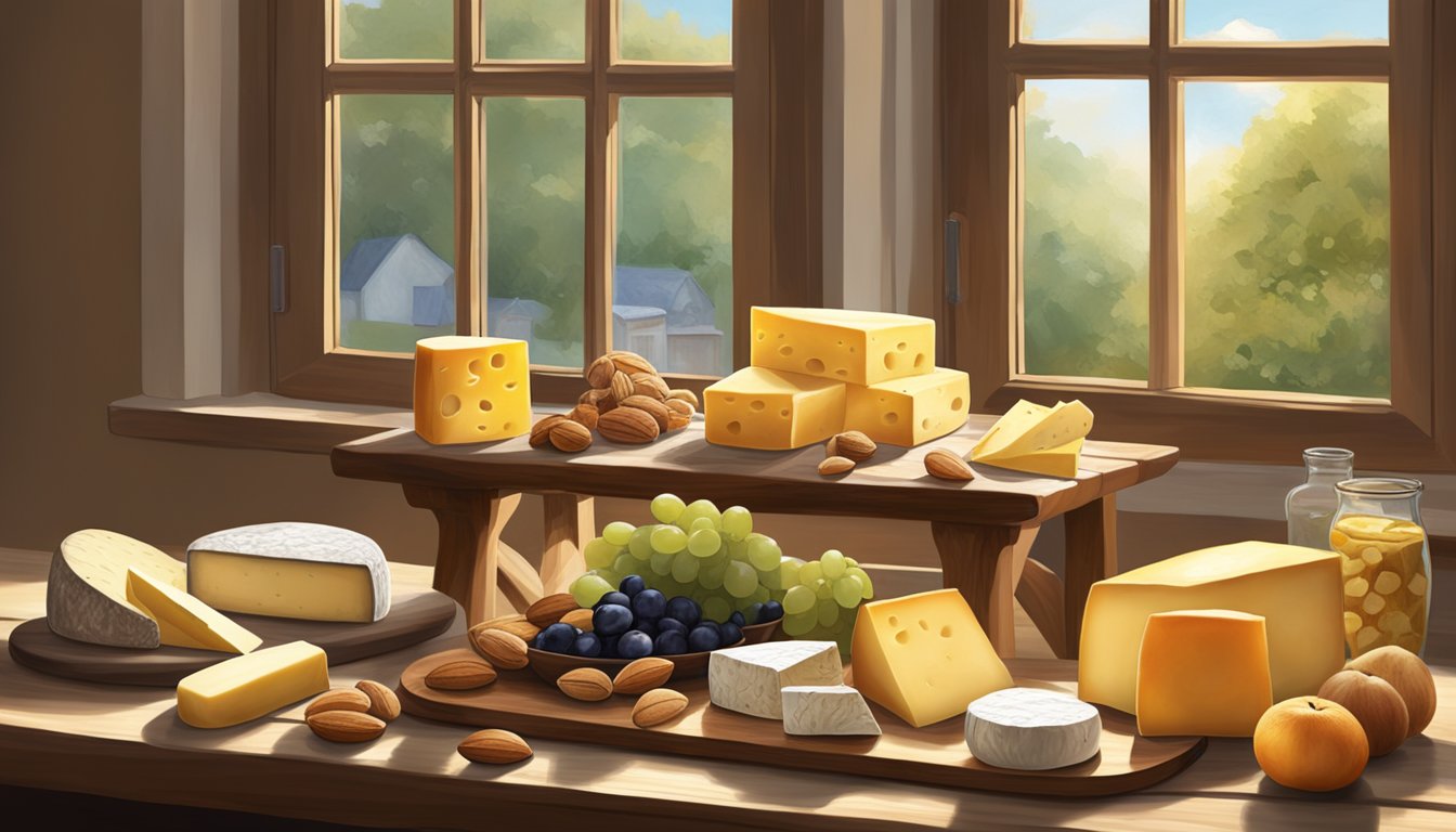 A rustic wooden table displays a variety of Georgia's artisan cheeses, accompanied by fresh fruits and nuts. Sunshine streams through a nearby window, casting a warm glow over the scene