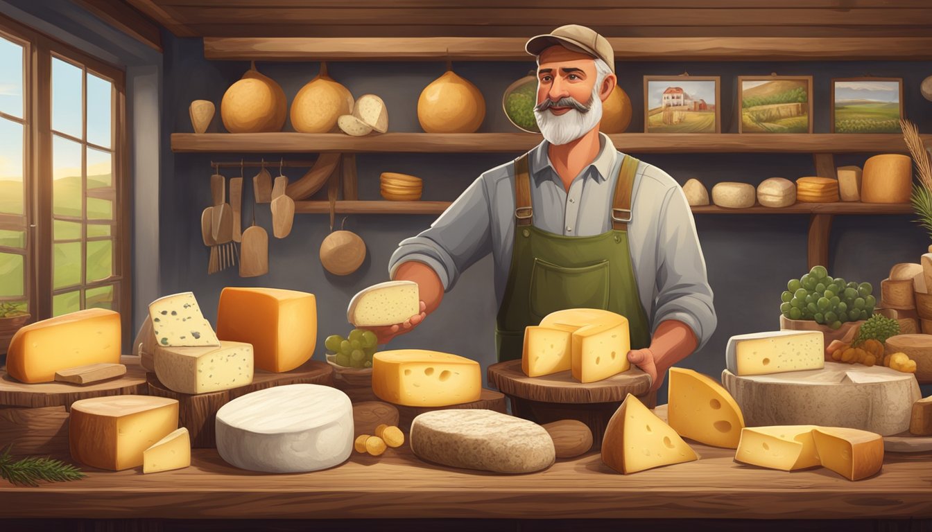 A farmer proudly presents a variety of artisan cheeses on a rustic wooden table, with informational posters and educational materials displayed nearby