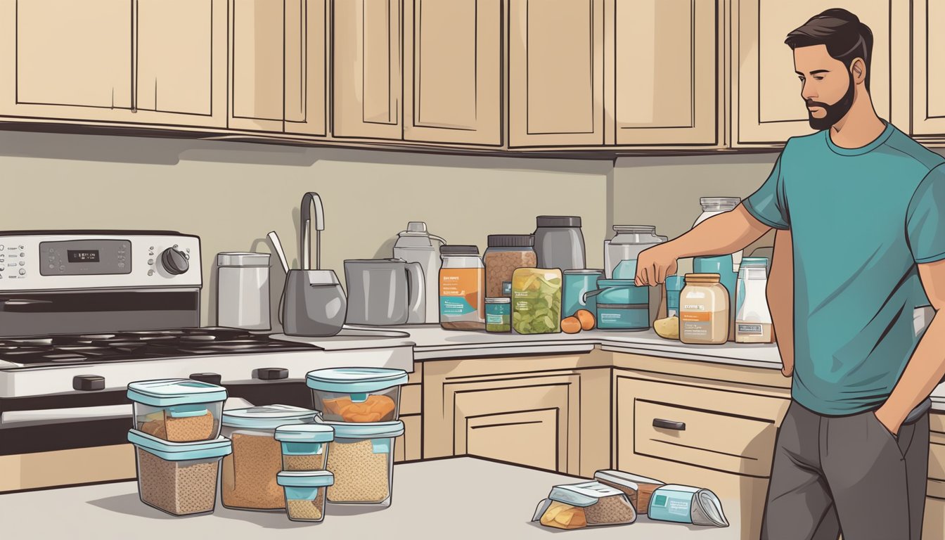 A kitchen counter with multiple empty instant knockout complete meal replacement containers scattered around, alongside a concerned person looking at a nutrition label