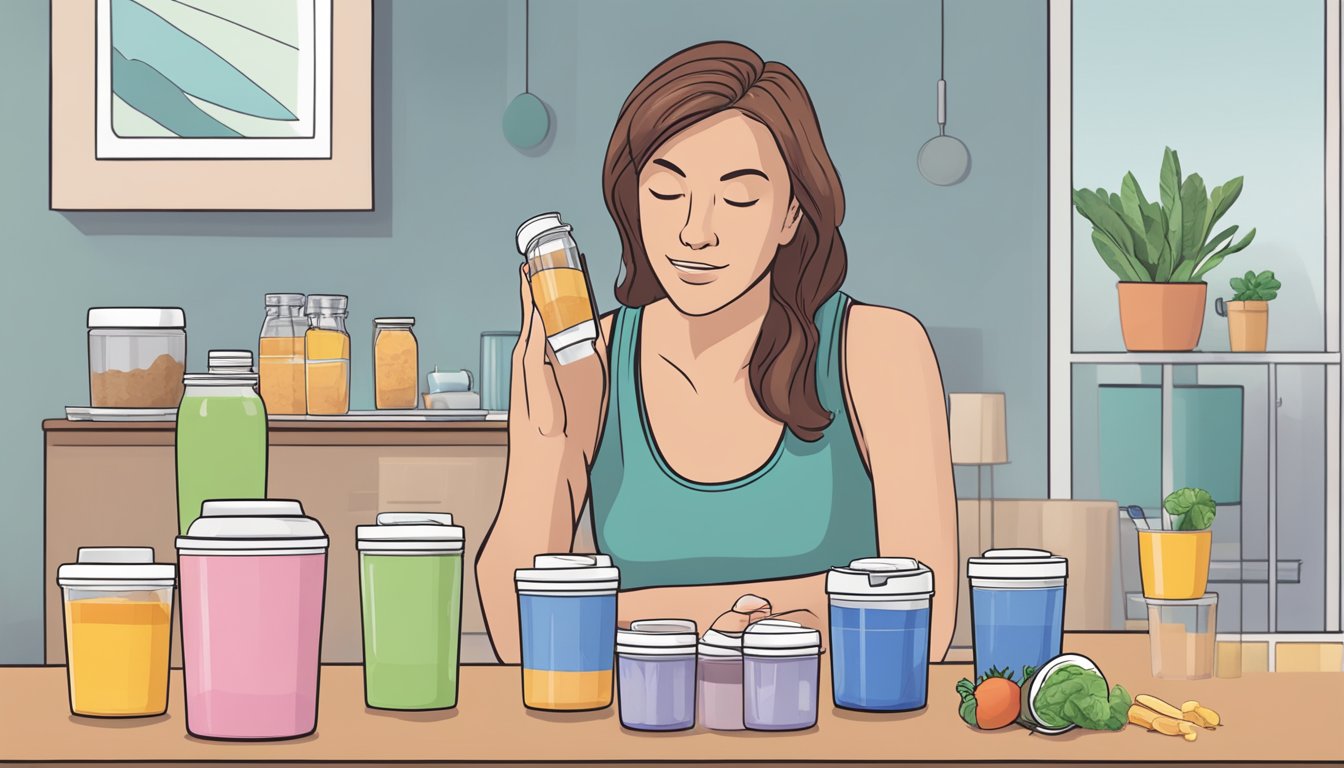 A table with multiple Nutricost meal replacement shake containers, some empty, some full, and a person looking concerned while holding one in their hand