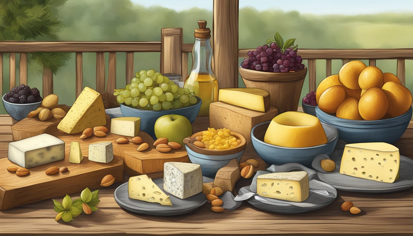 A rustic wooden table displays a variety of Georgia local artisan cheeses, accompanied by fresh fruits, nuts, and honeycomb