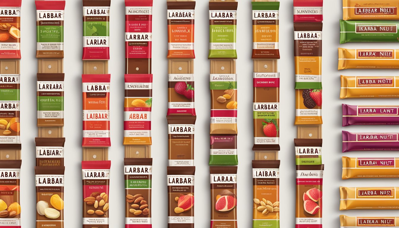 A table with multiple Larabar fruit and nut bars arranged in rows