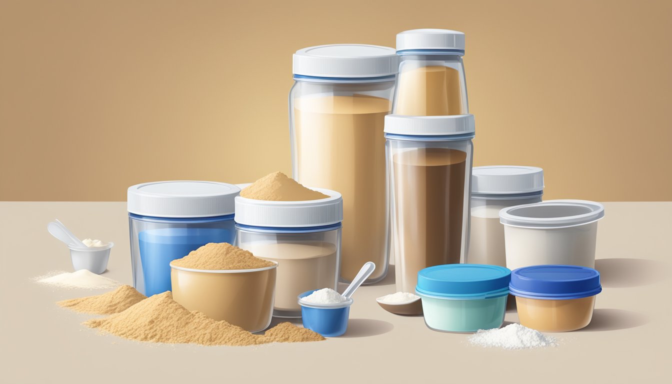 A table with multiple empty and half-empty Nutricost meal replacement shake containers, surrounded by scattered measuring scoops and spilled powder