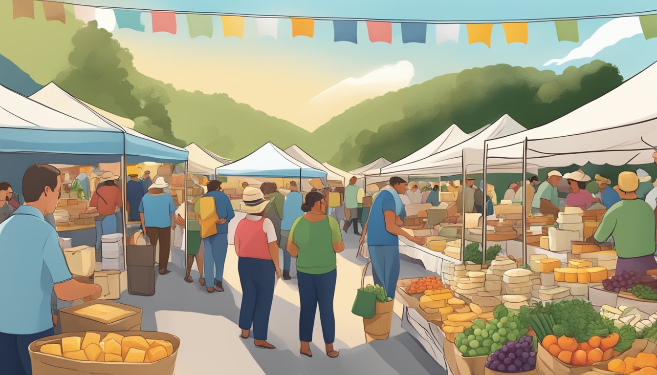 A bustling farmers' market with colorful stalls selling local artisan cheeses from Georgia farms