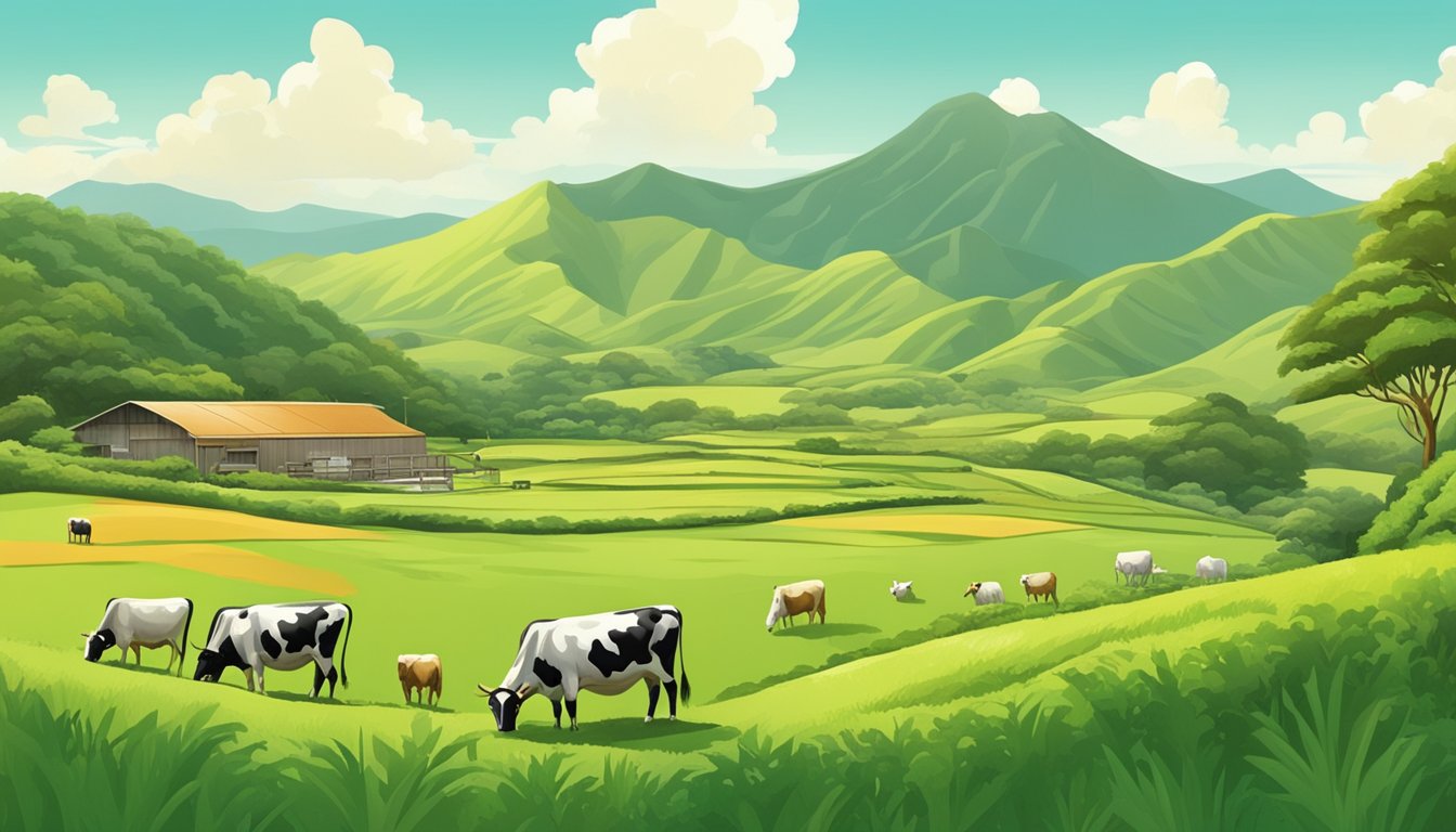 A lush Hawaiian landscape with rolling green hills and grazing cows, surrounded by a small cheese-making facility nestled in the countryside