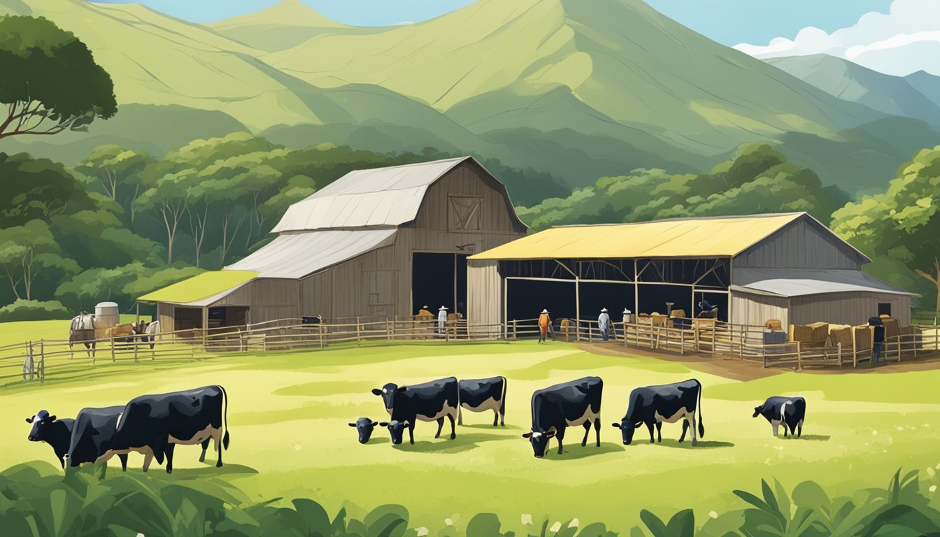 A rustic barn in Hawaii with cows grazing in a lush green pasture, while workers in aprons and hats oversee the cheese production process