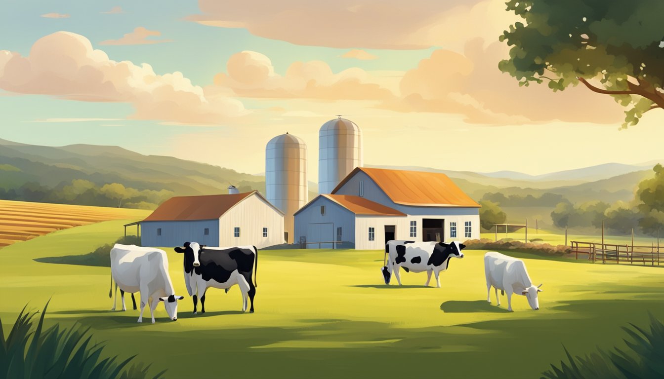 A sunny Florida farm, with rolling green hills and grazing cows. A small creamery with workers crafting artisanal cheeses from fresh local milk