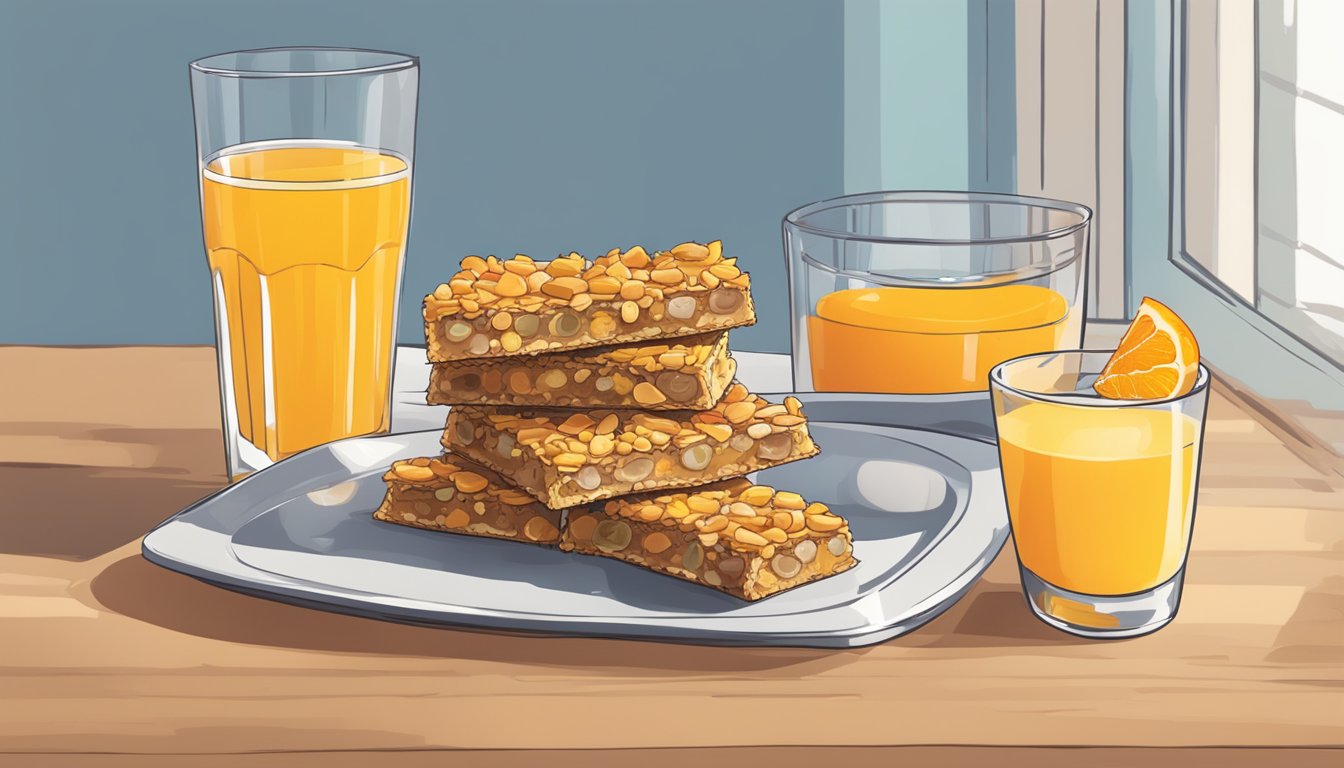 A plate piled high with over easy breakfast bars, some half-eaten, next to a full glass of orange juice