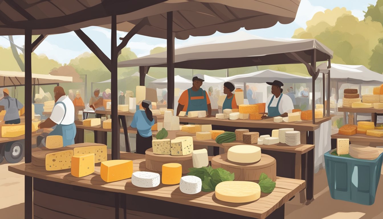 A rustic farmers market stall showcasing an array of Georgia local artisan cheeses with customers sampling and purchasing