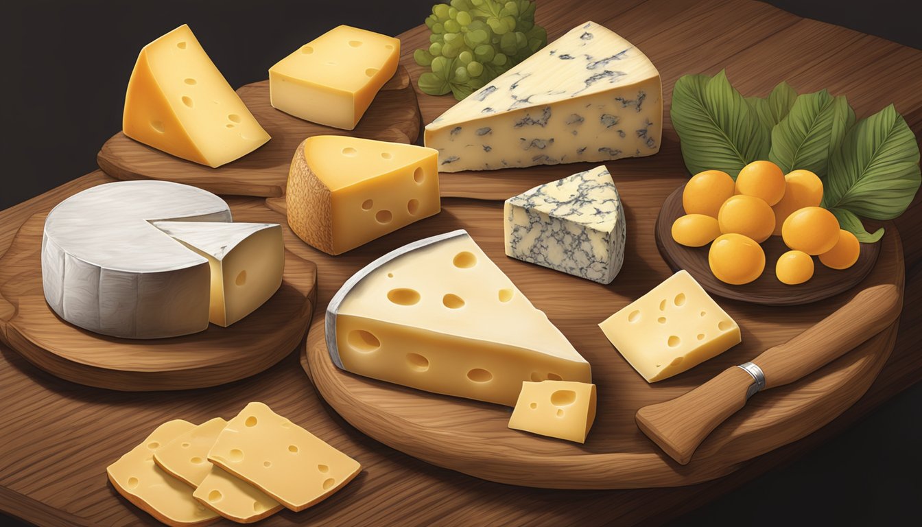 A rustic wooden table displays a variety of local artisan cheeses from Hawaii, each carefully arranged under a soft spotlight