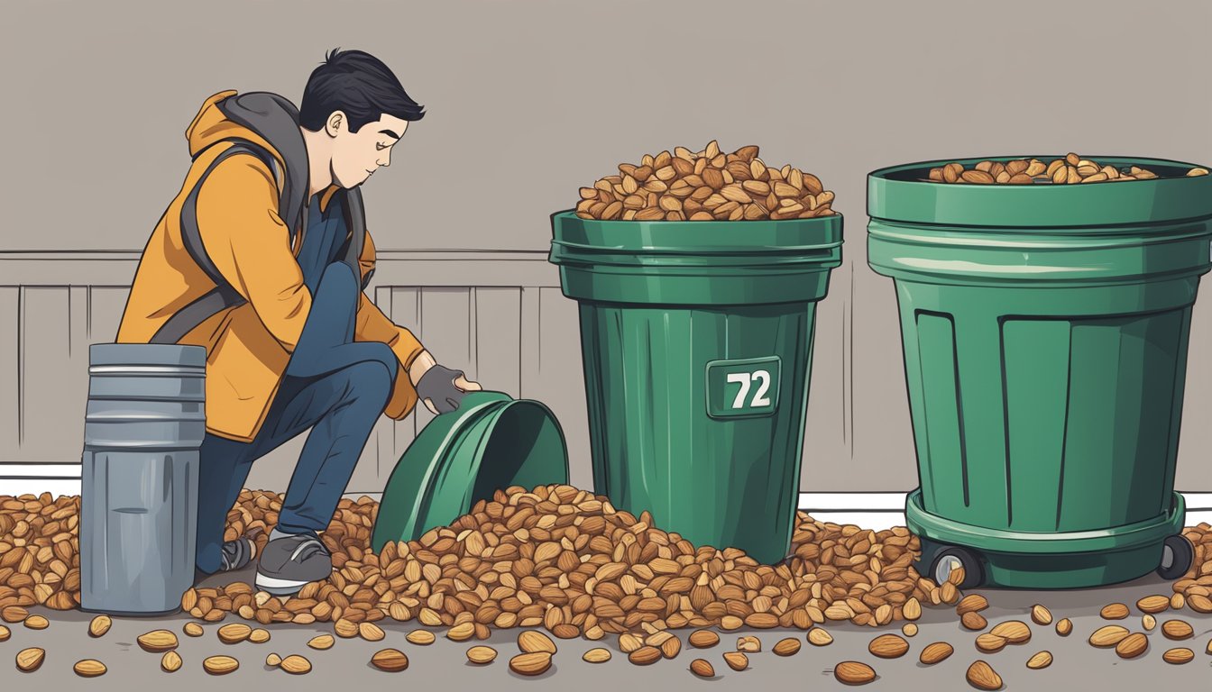 A pile of empty Planters mixed nuts bags, scattered around a trash can, with a person looking overwhelmed by the amount consumed